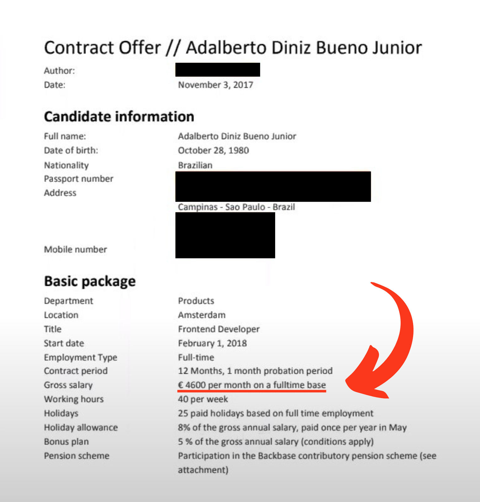 Carta de oferta de emprego de Adal Bueno, novembro de 2017, para a vaga de Frontend Developer em Amsterdã