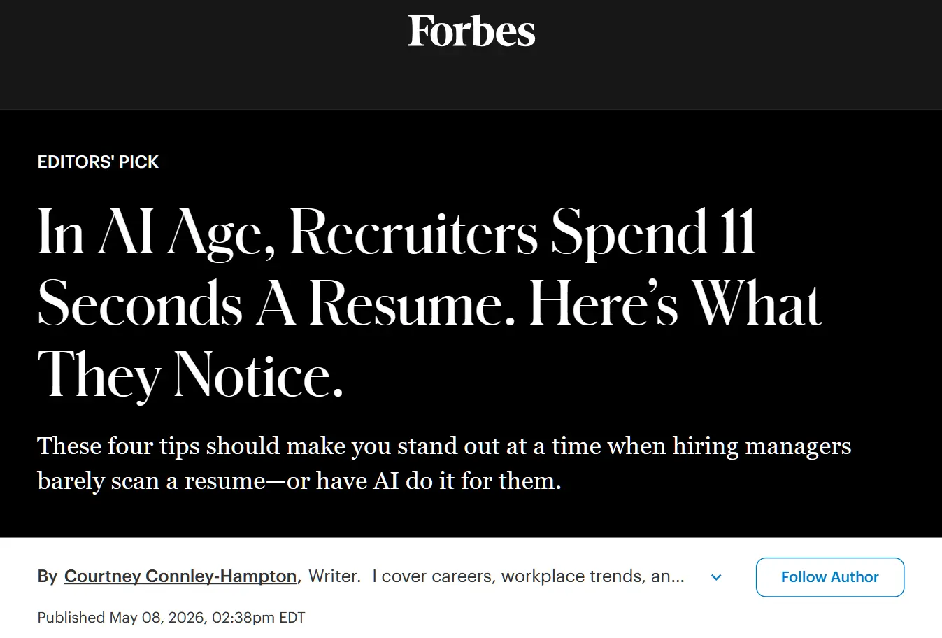 Manchete da Forbes: 'In AI Age, Recruiters Spend 11 Seconds A Resume'