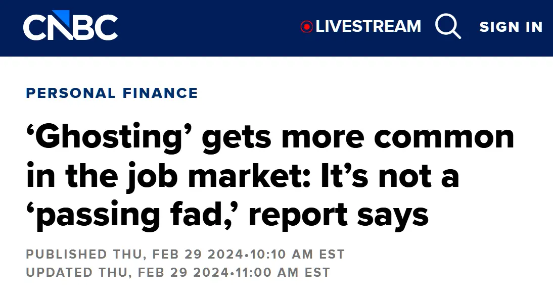 Manchete da CNBC: 'Ghosting gets more common in the job market'